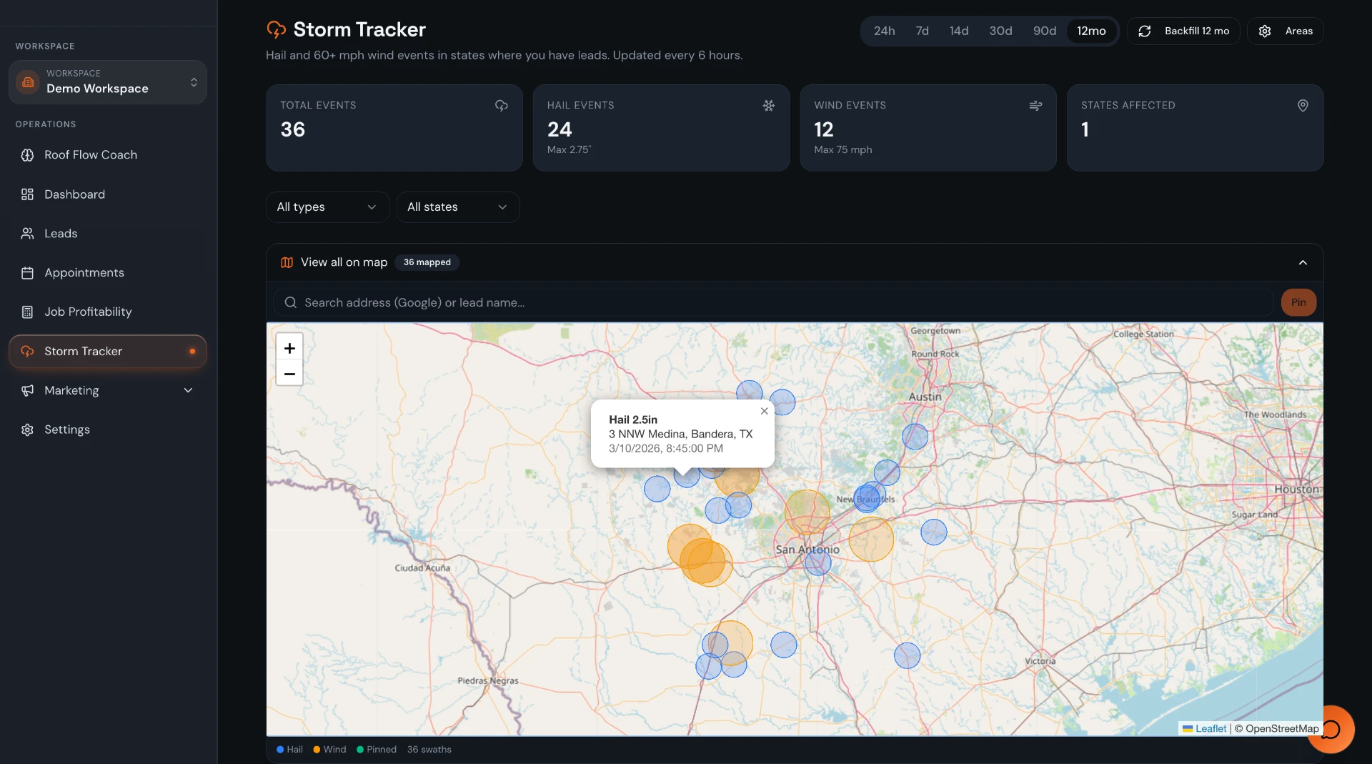 Storm Tracker map showing hail and wind events plotted across a service area