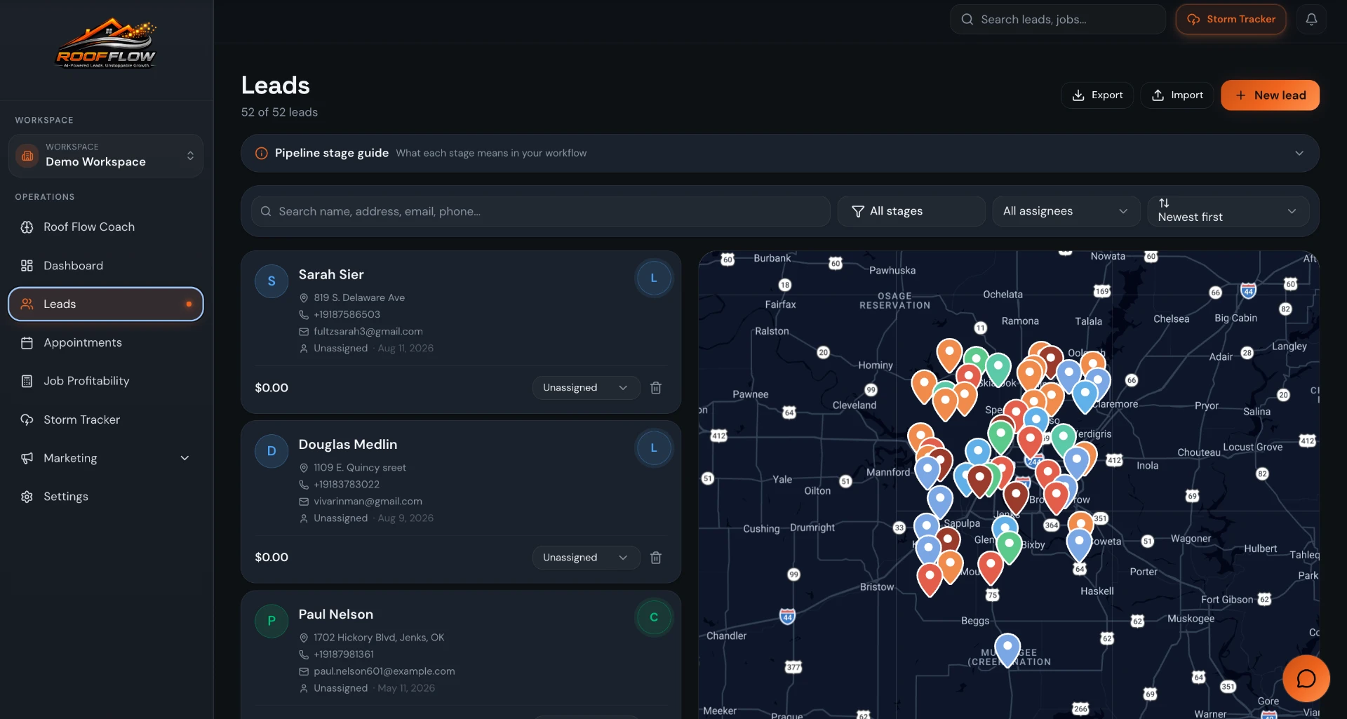 Roof Flow AI leads list with contact details beside a map of pinned lead locations