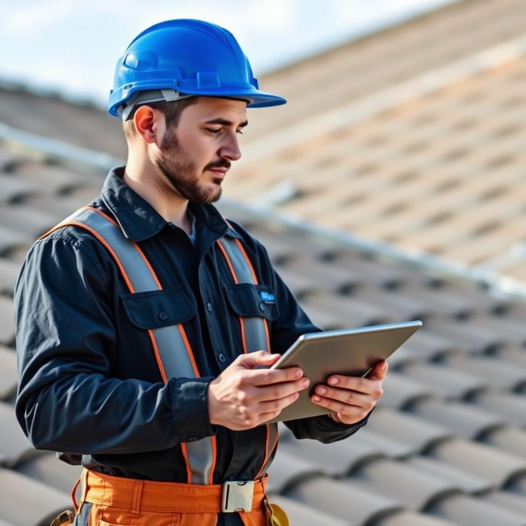 Roofing contractor using CRM software on a tablet at a job site