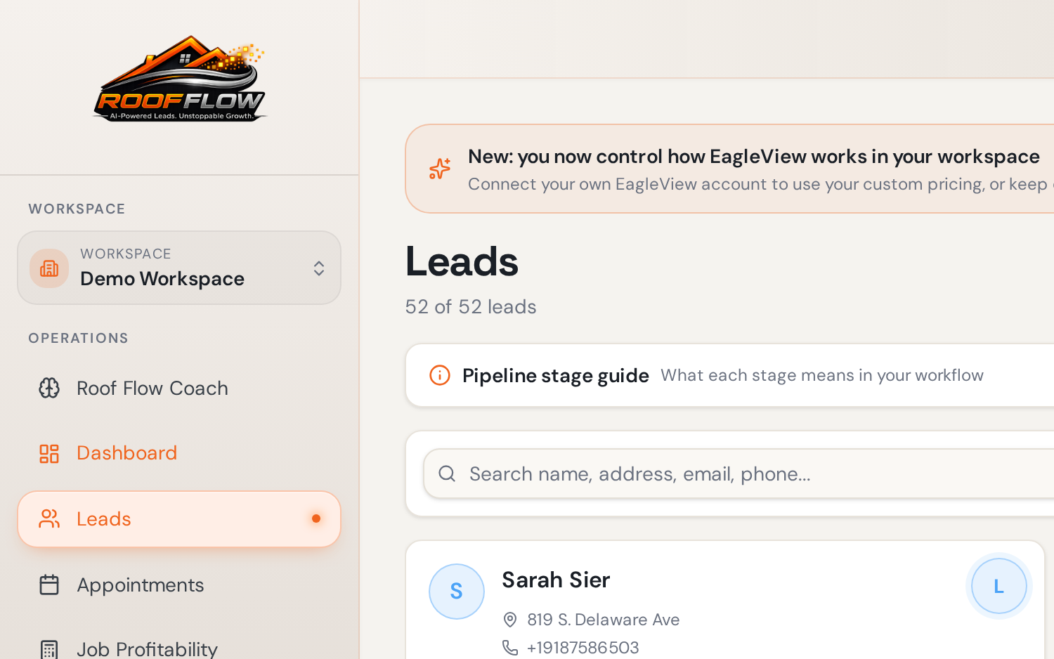 Roof Flow AI lead pipeline with new leads and stage filters